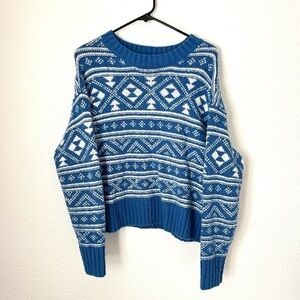 American Eagle Sweater Women’s S Blue White Fairy Isle Knit Crewneck Pullover